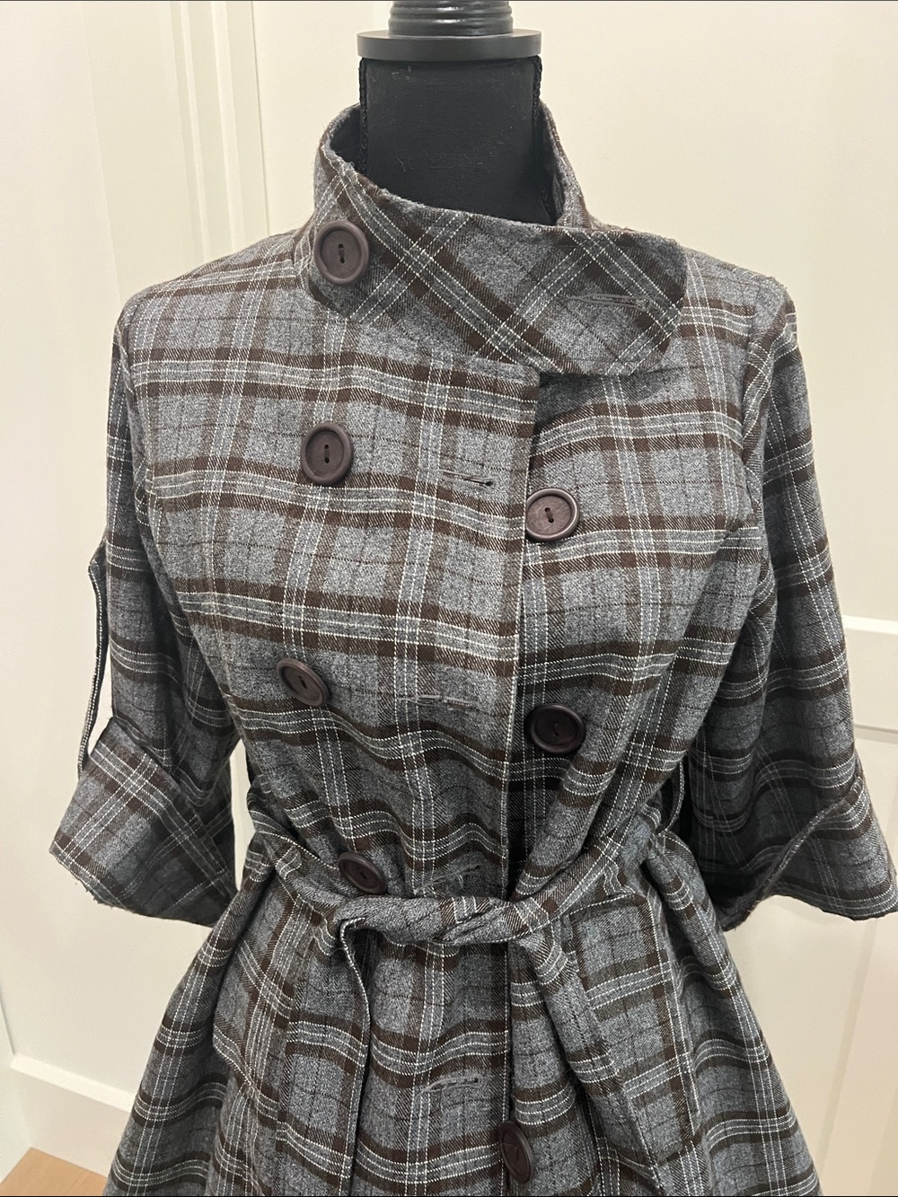 Plaid Double-Breasted Gray & Brown Coat - Picture 3 of 8